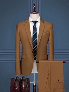 Single Breasted Slim Fit Suit Sets, Slim Fit Single Breasted Sets In Suiting Fabric, Slim Fit Single Breasted Suiting Fabric Sets, Brown Slim Fit Sets For Semi-formal Occasions, Slim Fit Single Button Suiting Sets, Brown Slim Fit Business Sets, Slim Fit Solid Color Sets With Notch Lapel, Formal Slim Fit Brown Sets, Brown Slim Fit Notch Lapel Set