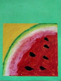 a watermelon slice is shown on a green background with black dots in the center