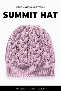 a knitted hat with the text free knitting pattern summit hat