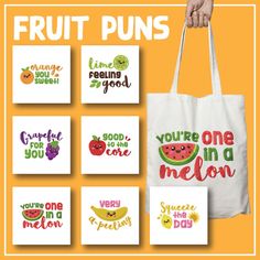 fruit puns tote bags with the words you're in a melon on them