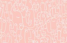 an image of many faces drawn in white on a peach colored background with lines and dots