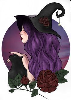 a drawing of a woman with purple hair and a witch hat holding a black cat