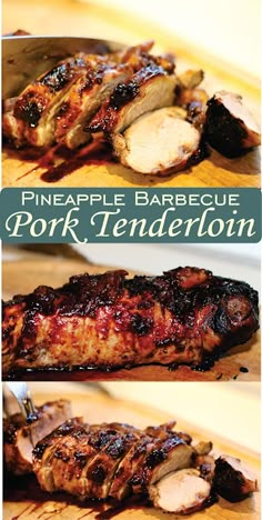 there are two pictures of pork tenderies on the cutting board, one is sliced and the other is grilled