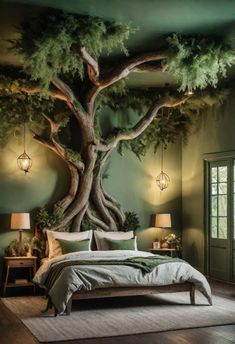 a bedroom with a large tree mural on the wall and bed in front of it