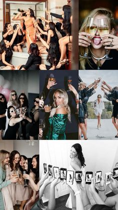 the collage shows many different images of women in dresses and men with wine glasses