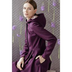 Long purple coat for women 'Ruby Purple' is made out of waterproof, warm and breathable fabric. Long purple coat for women has a vintage inspired design with fitted top part and pleated long skirt part of the coat. In combination with rich purple coloured fabric and high quality Italian polyester satin lining it gives truly royal feeling. But thoughtful and practical details such as hidden pockets, large hood and hidden snap button closure makes it a great outerwear for rainy as well as sunny da Purple Raincoat, Wolf And Badger, Fit And Flare Coat, Coat Waterproof, Unique Yarn, Purple Coat, Pleated Long Skirt, Colored Fabric, Coat For Women