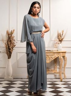 Seema Thukral-Stone Blue Draped Dress-INDIASPOPUP.COM Cowl Dress Draping, Cowl Dress Indian, Cowl Drape Dress, Georgette Jumpsuit, Western Dresses For Women, Blue Drapes, Maxi Dress Designs, Drape Maxi Dress, Cowl Dress