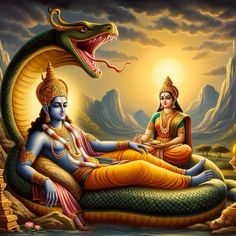 an image of two people sitting on a bed with a snake in front of them