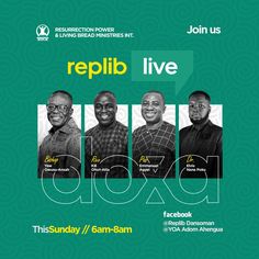 an event poster for repibb live with four men in black shirts and green background