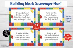 printable lego themed birthday party tags with the words building block scavenger hunt