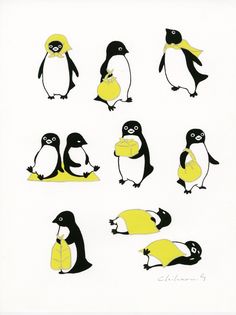 six penguins with yellow and black on them