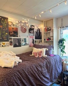 a bedroom with pictures on the wall and lights strung from the ceiling over the bed