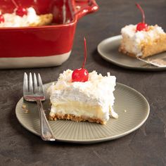 there is a piece of cake with cherries on it and a fork next to it