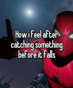 a spider man with the caption how i feel after catching something before it falls