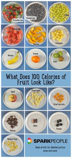 What Does 100 Calories Look Like? | SparkPeople Calories Of Fruit, Makanan Diet, 100 Calories, Idee Pasto Sano, Food Facts, Group Meals