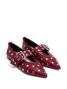 Buy from $245.00: Dark red sheepskin side buckle fastening stud embellishment pull-tab at the heel pointed toe branded insole flat sole Stylish Outfits Casual, Funny Shoes, Studded Flats, Ballet Pumps, Ballerina Shoes, Dolce E Gabbana, Boot Pumps, Shoe Obsession, Ballerinas