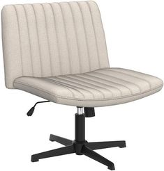 a white office chair with black legs and an upholstered seat