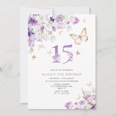 a birthday card with purple flowers and butterflies