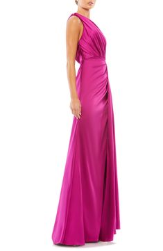 With its leg-baring faux-wrap silhouette, this one-shoulder satin gown is sure to turn heads when you make your entrance. 63" length One-shoulder neck Sleeveless Lined 100% polyester Spot clean Imported One-shoulder Gown With Ruched Bodice For Gala, One Shoulder Satin Maxi Dress For Evening, Satin One Shoulder Evening Dress, One-shoulder Satin Gown For Gala, One Shoulder Satin Gown For Gala, Evening Satin One-shoulder Dress With Fitted Bodice, Satin One Shoulder Dress With Fitted Bodice For Evening, One-shoulder Bias Cut Evening Dress For Prom, One Shoulder Ruched Gown For Gala