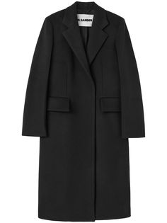 black wool notched lapels concealed front fastening long sleeves two front flap pockets long length straight hem Black Wool Long Coat With Concealed Front, Black Long Wool Coat With Concealed Fastening, Structured Wool Outerwear With Pressed Crease, Classic Black Wool Coat With Concealed Fastening, Classic Long Wool Coat With Concealed Fastening, Black Business Outerwear With Structured Boning, Formal Long Wool Coat With Concealed Fastening, Black Outerwear With Structured Boning And Lapel Collar, Black Outerwear With Structured Boning For Work