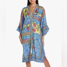 100% Silk Imported Size Xs Blue Floral Print V-neck Kimono, Blue V-neck Kimono For Spring, Blue Floral Embroidered Kimono For Spring, Blue Long Sleeve Kimono With Floral Embroidery, Blue Bohemian Kimono With Floral Embroidery, Bohemian Blue Kimono With Floral Embroidery, Blue Silk Kimono For Vacation, Blue Bohemian Kimono For Daywear, Bohemian Blue Kimono For Daywear