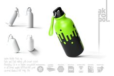 a green and black water bottle next to several white bottles on a white background with the words ak 101 written below it