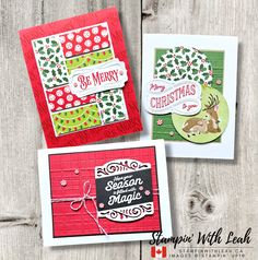 three christmas cards with different designs on them