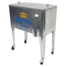 an old fashioned ice chest on wheels with the word ontario extra written on it's side