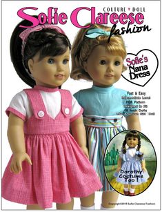 two dolls are standing next to each other on the cover of doll clothes pattern book