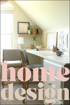 a desk and chair with the words home design above it