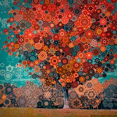 a painting of a tree with lots of colorful circles on it