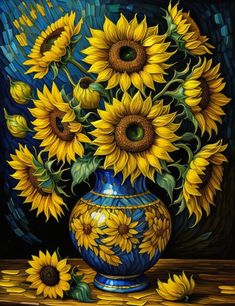 a painting of sunflowers in a blue vase