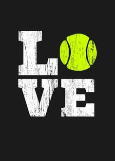 a tennis ball and the word love on a black background is displayed in front of a brick wall