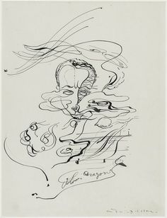 a black and white drawing of a woman's face with her hair blowing in the wind