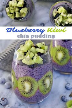 blueberry kiwi chia pudding in a glass with sliced kiwi on top