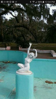 a statue is in the middle of a pool