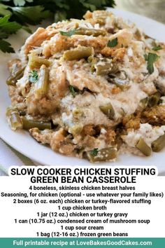 the flyer for slow cooker chicken stuffing is displayed on a plate with parsley