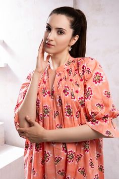 Blush pink dress with floral block print and mandarin collared neckline. - Aza Fashions Pink Straight Kurta Dress For Summer, Pink Straight Kurta Top For Summer, Printed Straight Kurta Dresses, Orange Dresses With Printed Motifs, Spring Printed Straight Kurta Dress, Blush Pink Dress, Blush Pink Dresses, White Tree, Cotton Voile