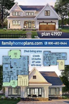 two story house plans with 3 car garages and living areas in the front yard