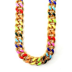 Handcrafted necklace, a chunky gold plated cuban link chain with rainbow colors of enamel. Wear this gorgeous choker necklace alone or stacked with other chains with jeans and a tee, from daytime chic to evening glam and everywhere in between! Choker measures 16” in length Made with love in Los Angeles Complimentary gift wrapping provided All sales final Trendy Gold Chain Necklace, Trendy Cuban Link Chain Necklace, Trendy Cuban Link Necklace With Adjustable Chain, Multicolor Chain Choker Jewelry, Trendy Colorful Necklace With Adjustable Chain, Trendy Multicolor Choker Jewelry, Multicolor Chunky Chain Link Jewelry, Trendy Colorful Choker Necklace, Trendy Colorful Chain Jewelry