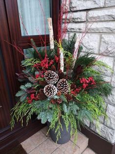 Diy Christmas Arrangements Front Porches, Outside Christmas Planters Diy, Christmas Greenery Planters, Diy Xmas Planters Outdoor, Outdoor Christmas Decorations For Porch Flower Pots, Christmas Porch Planters Front Doors, Porch Urns Christmas, How To Decorate Outdoor Flower Pots For Christmas, Christmas Potted Plants Outdoors