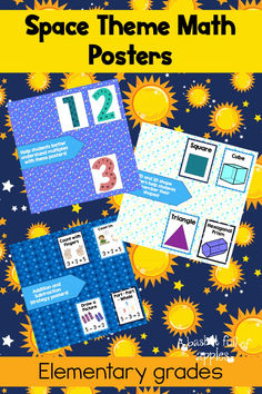 the space theme math posters are shown with sunflowers and stars in the background