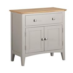 a grey cabinet with two drawers and a wooden top on the bottom, against a white background