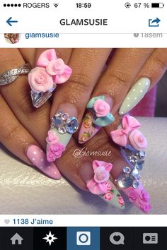 Super Cute Nails, I Love Nails, Beautiful Nail Designs, Fabulous Nails, 3d Flowers, Bling Nails, Nail Art Inspiration, Fancy Nails, Nail Art Tutorial