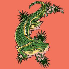 the letter s is made up of an alligator's head with flowers on it