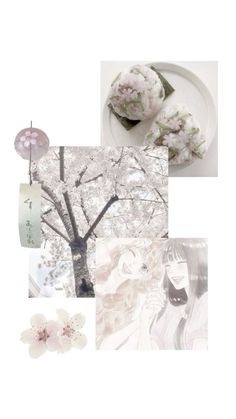 a collage of photos with flowers and an umbrella in the middle one has a white plate on it