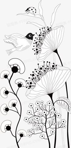 a black and white drawing of some flowers