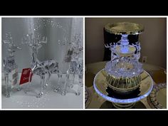 three different pictures of glass figurines with lights on them and one has a red box in the middle