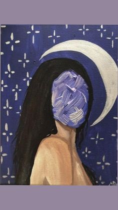 a painting of a woman with long hair and a half moon on her face, in front of a blue background