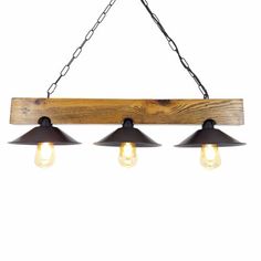 three lights hanging from a wooden beam